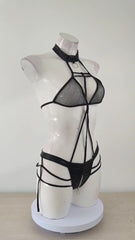 Backless Mesh Patent Leather Lingerie Set