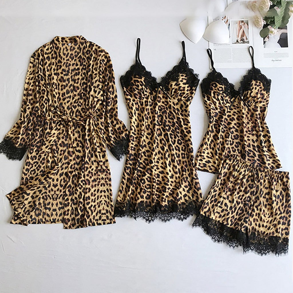 Leopard Lace Pajamas Three-piece Set