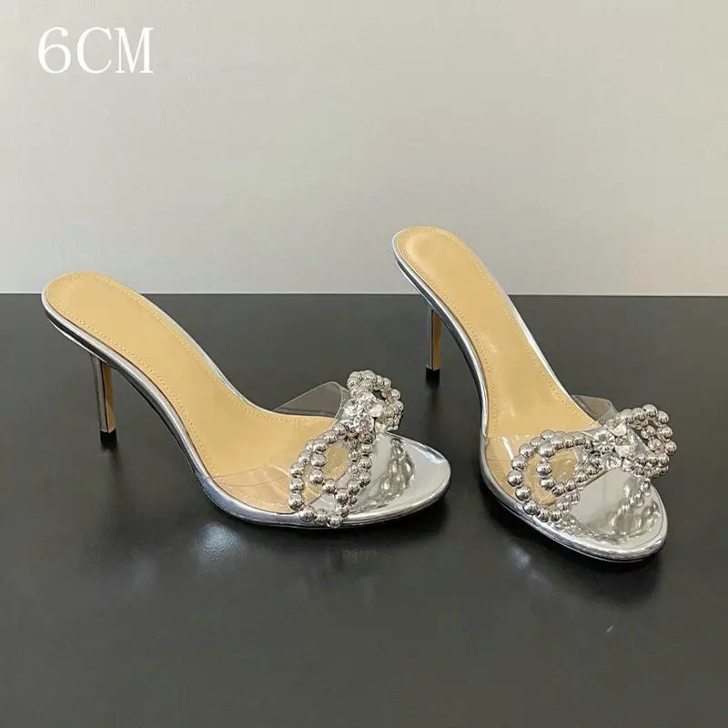 Pearl Rhinestone Cool Slippers Women French Style Elegant Temperament Open Toe Thin High Heel