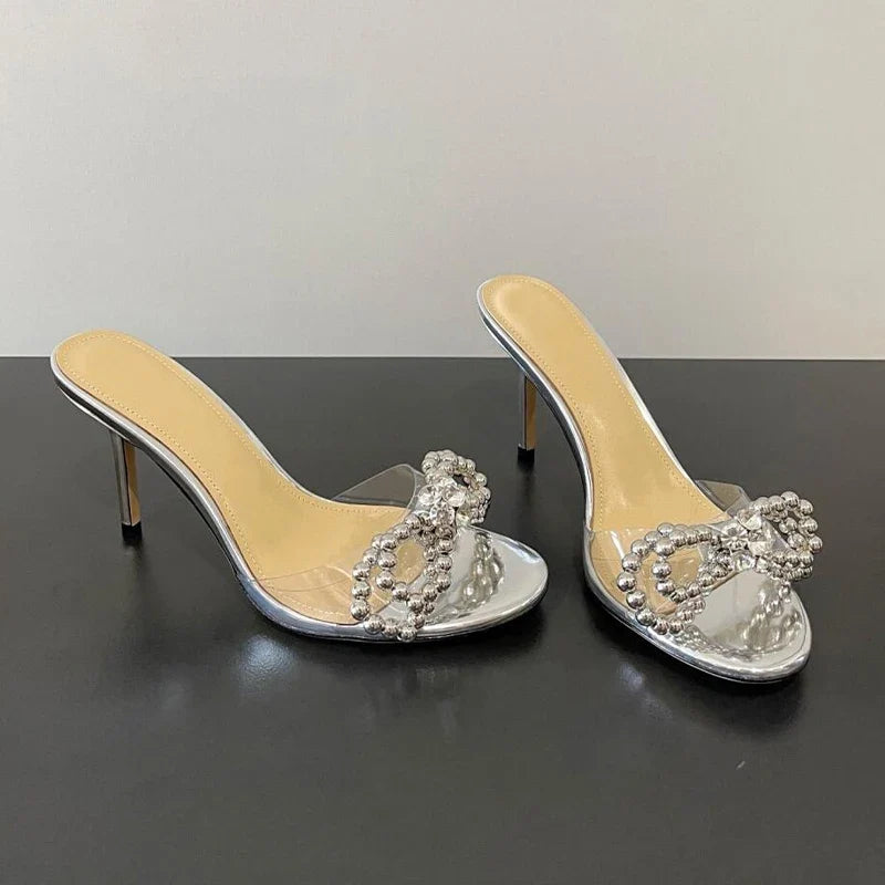 Pearl Rhinestone Cool Slippers Women French Style Elegant Temperament Open Toe Thin High Heel