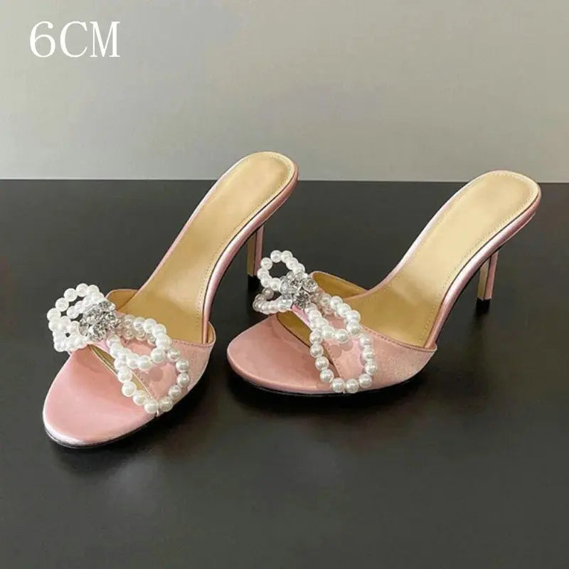 Pearl Rhinestone Cool Slippers Women French Style Elegant Temperament Open Toe Thin High Heel