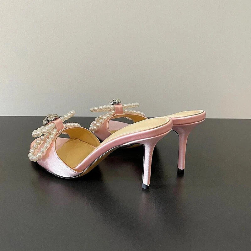 Pearl Rhinestone Cool Slippers Women French Style Elegant Temperament Open Toe Thin High Heel