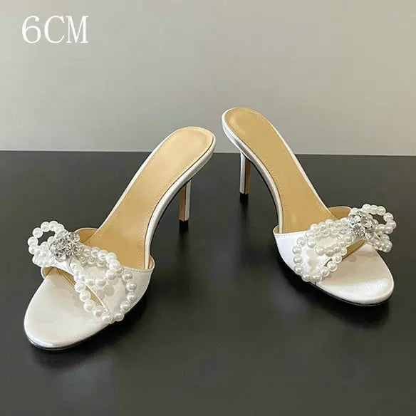 Pearl Rhinestone Cool Slippers Women French Style Elegant Temperament Open Toe Thin High Heel