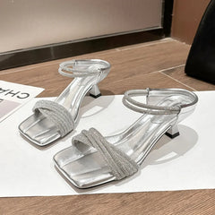Perfect Beautiful Rhinestone Slipper Square Head One Word Belt Step Feeling Cool Slippers Wear Thin Heeled Heels