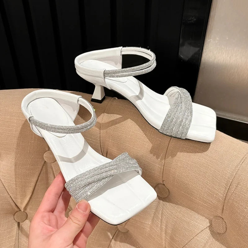 Perfect Beautiful Rhinestone Slipper Square Head One Word Belt Step Feeling Cool Slippers Wear Thin Heeled Heels