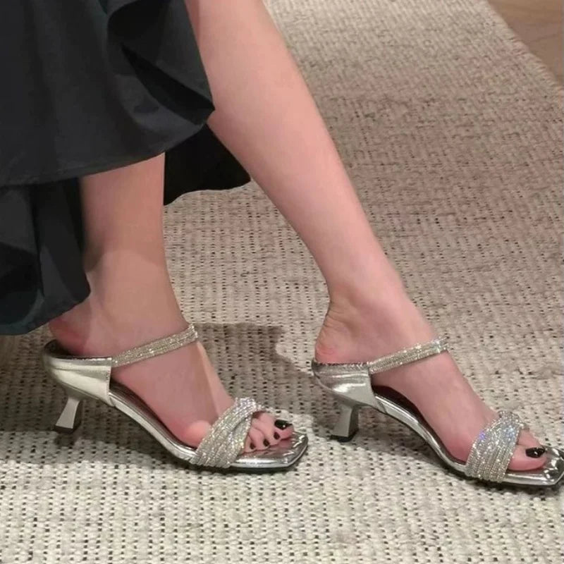 Perfect Beautiful Rhinestone Slipper Square Head One Word Belt Step Feeling Cool Slippers Wear Thin Heeled Heels