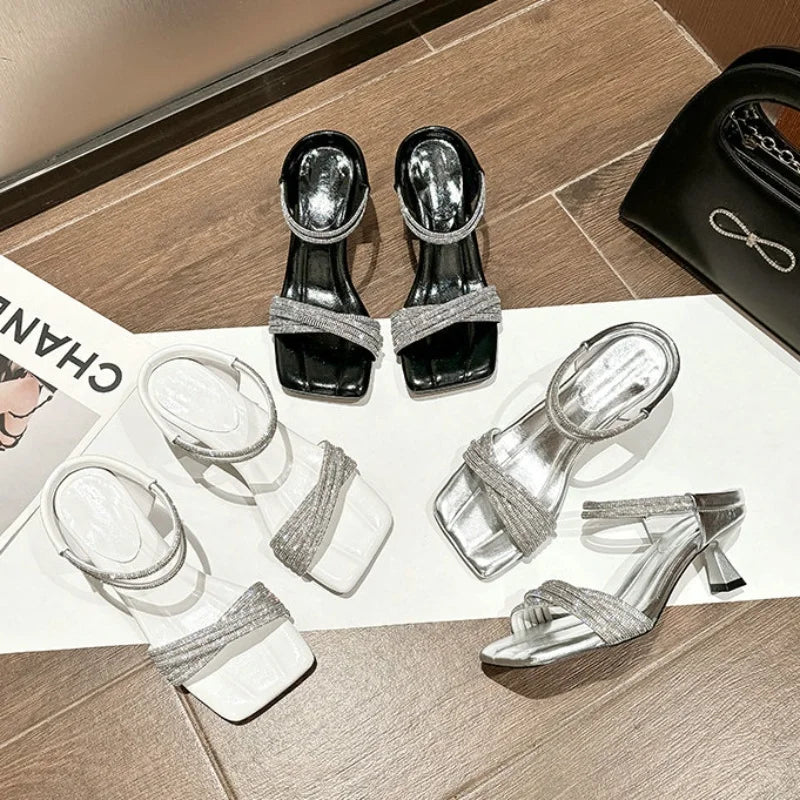 Perfect Beautiful Rhinestone Slipper Square Head One Word Belt Step Feeling Cool Slippers Wear Thin Heeled Heels