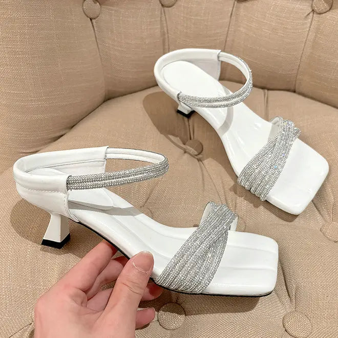 Perfect Beautiful Rhinestone Slipper Square Head One Word Belt Step Feeling Cool Slippers Wear Thin Heeled Heels