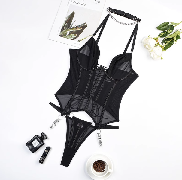Black Sheer Corset Lingerie with Metal Chain Details