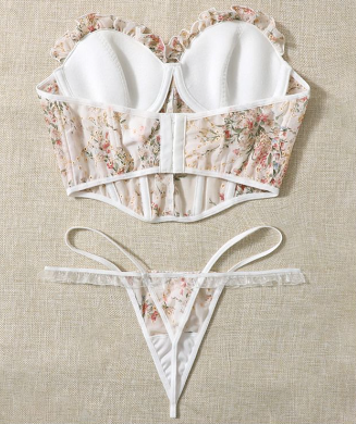 Romantic Floral Strapless Corset Sexy Lingerie Set