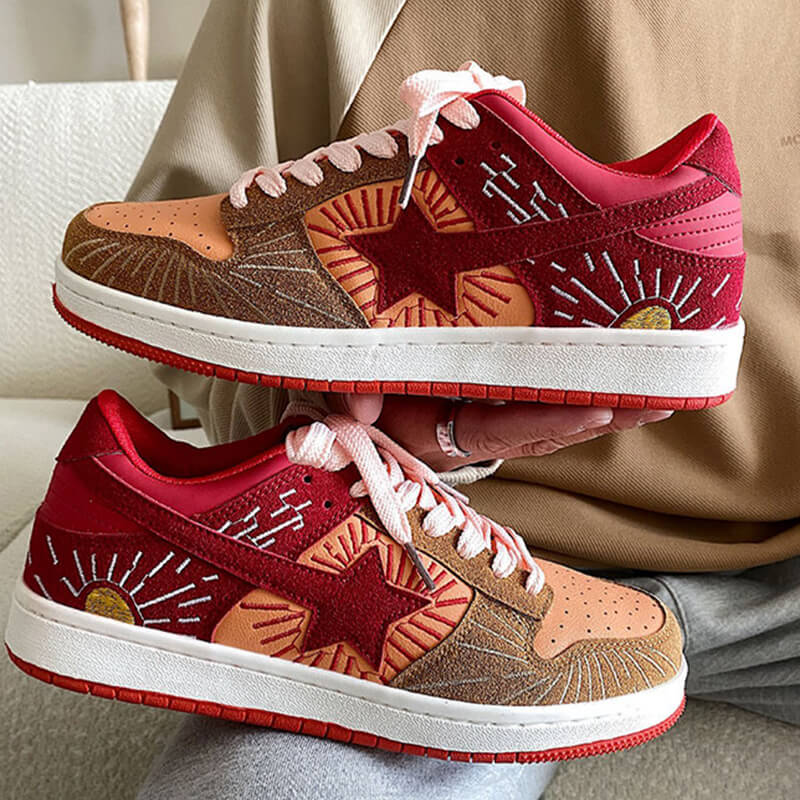 Red Sun Star Embroidery Indie Aesthetic Women's Sneakers