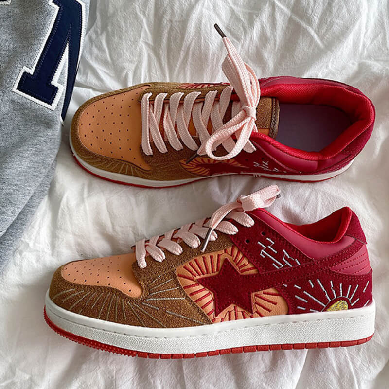 Red Sun Star Embroidery Indie Aesthetic Women's Sneakers