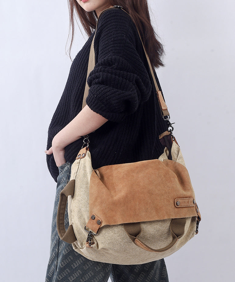 Retro Coffee Large Capacity Calf Leather Patchwork Canvas Satchel Bags
