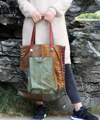 Retro Handmade Contrasting Color Large Capacity Cowhide Single Satchel Bags
