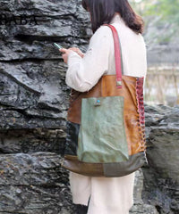 Retro Handmade Contrasting Color Large Capacity Cowhide Single Satchel Bags
