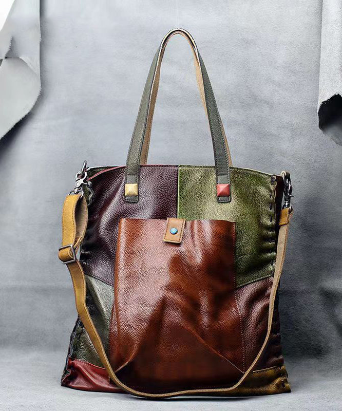 Retro Handmade Contrasting Color Large Capacity Cowhide Single Satchel Bags