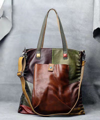Retro Handmade Contrasting Color Large Capacity Cowhide Single Satchel Bags