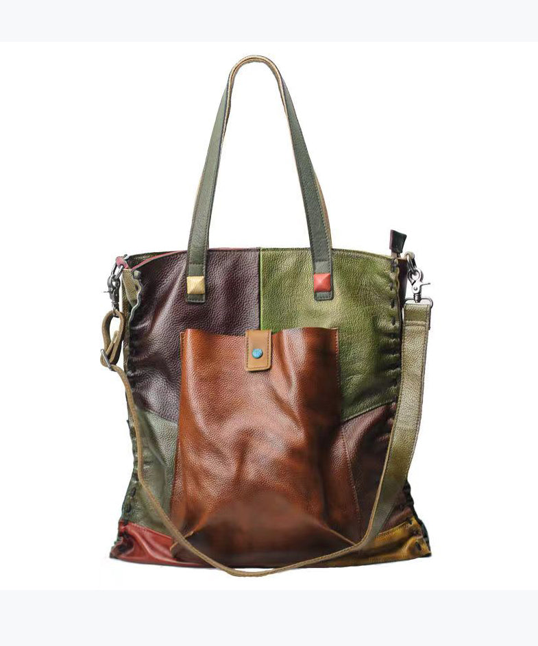 Retro Handmade Contrasting Color Large Capacity Cowhide Single Satchel Bags