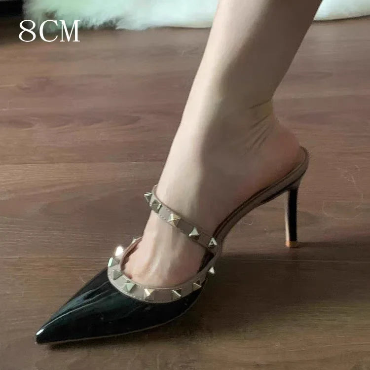 Rivet Pointed High-Heeled Slipper Shoes