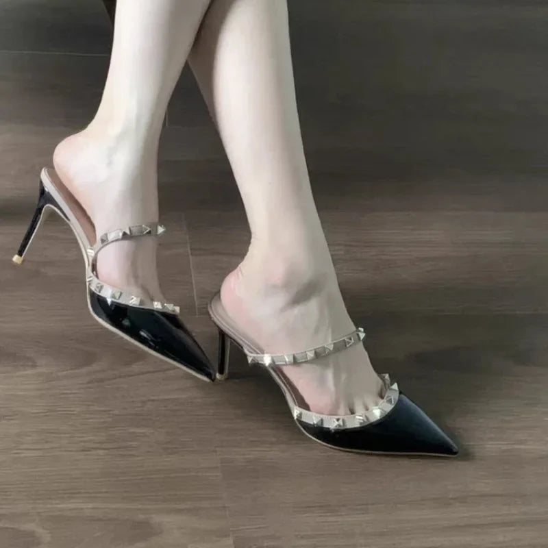 Rivet Pointed High-Heeled Slipper Shoes