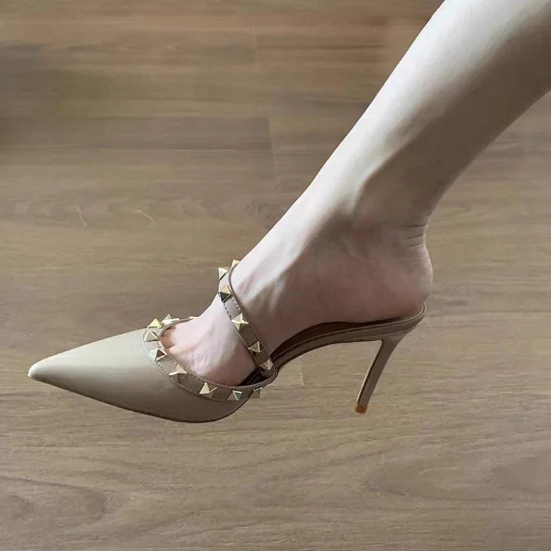 Rivet Pointed High-Heeled Slipper Shoes