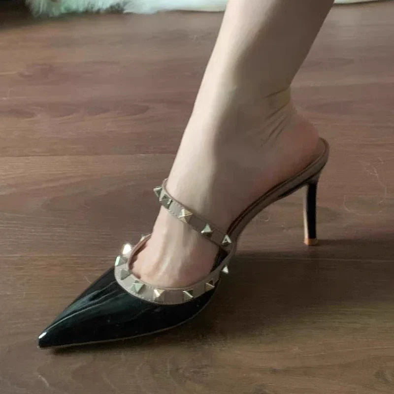 Rivet Pointed High-Heeled Slipper Shoes