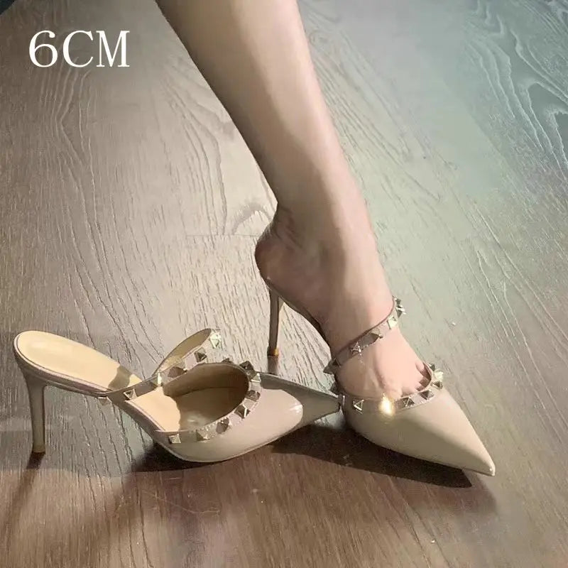Rivet Pointed High-Heeled Slipper Shoes