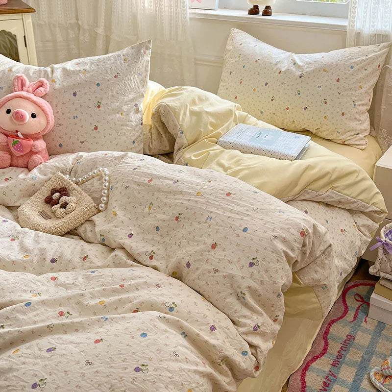 Japanese Floral Printed Duvet Cover Set Twin King Soft Homestay Bedding Set