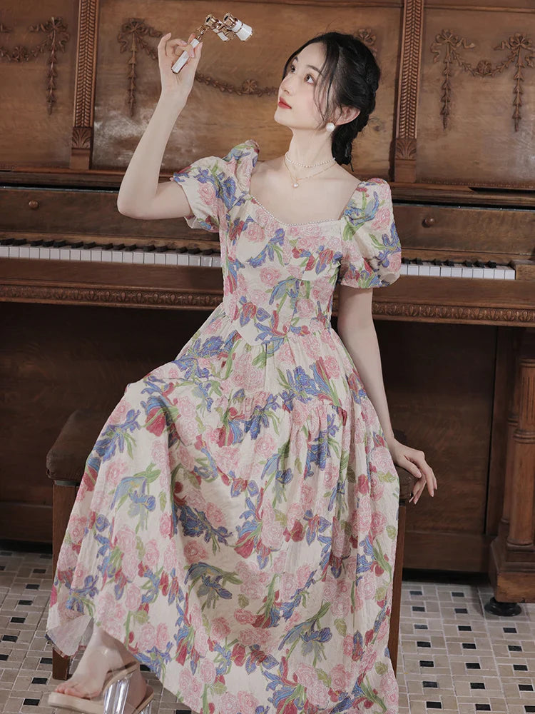 Dalila Floral Pearl Decorated Vintage-Inspired Dress