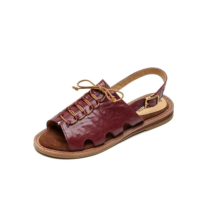 leather sheepskin elastic lace up low Heel