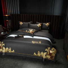 Grey European Luxury Gold Embroidery Bedding Set