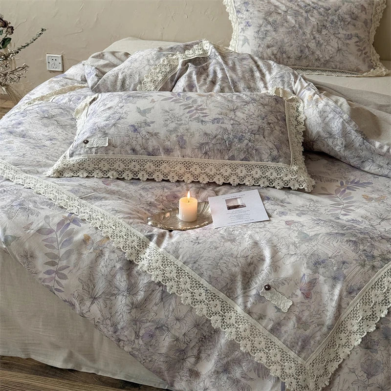 Natural Cotton Linen Butterfly Flowers Prints Lace Bedding Set