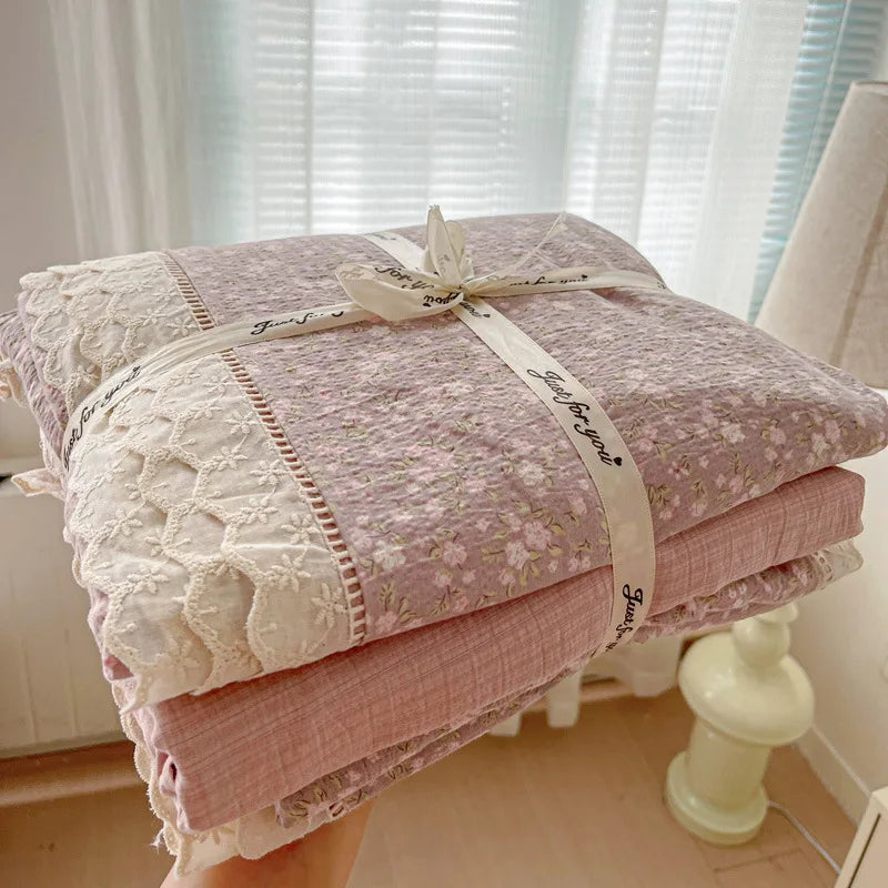 4pcs Floral Printed Duvet Cover Set Korean Lace Bedding Set