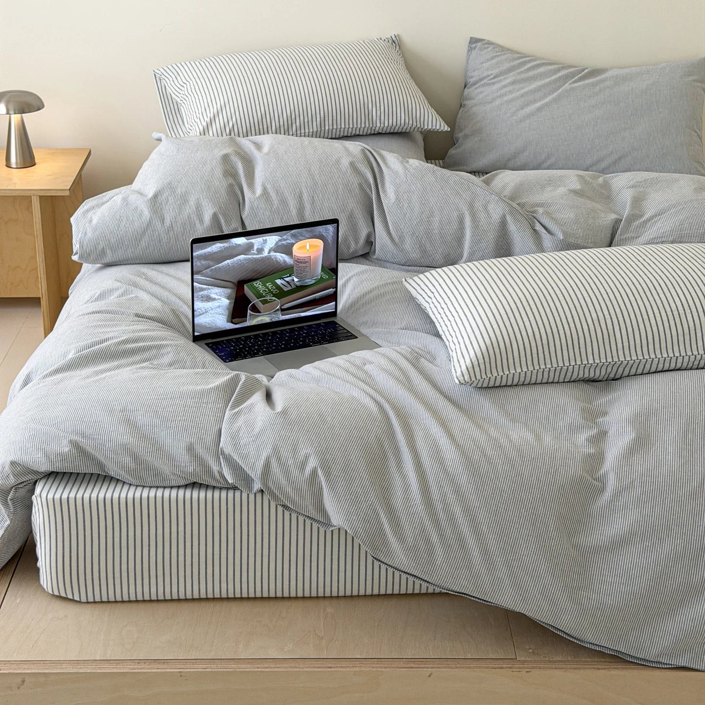 Japanese Blue Striped 100% Cotton Duvet Cover Set Queen King Bedding Set