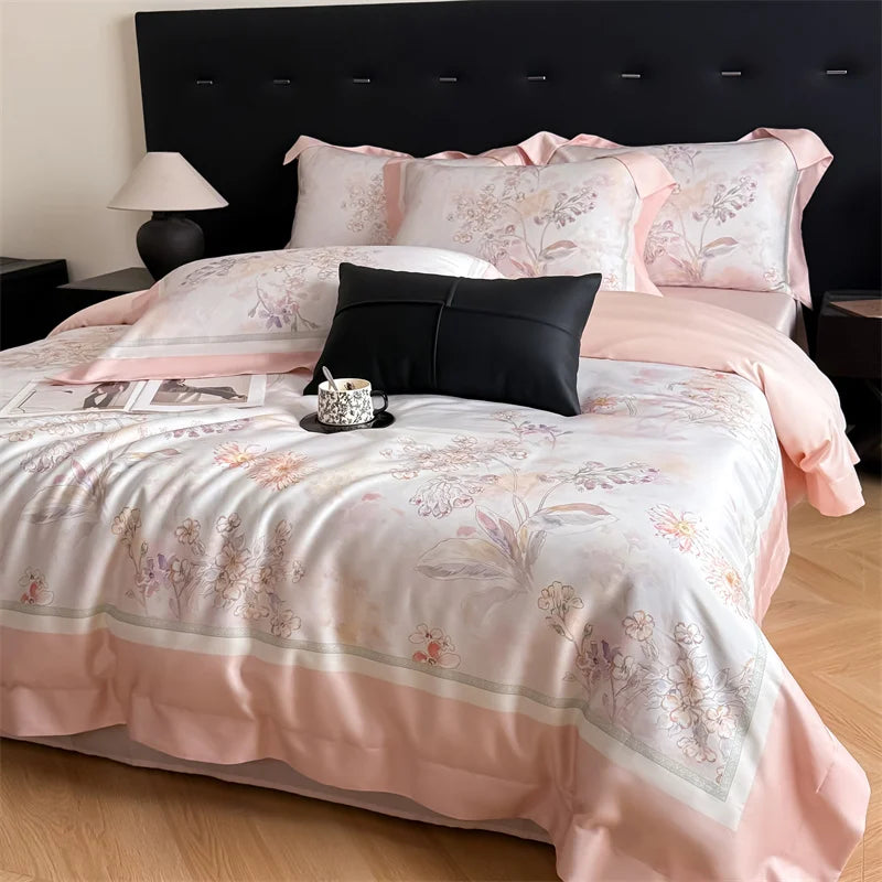 600TC Lyocell Cotton Soft Breathable Flowers Print Bedding Set