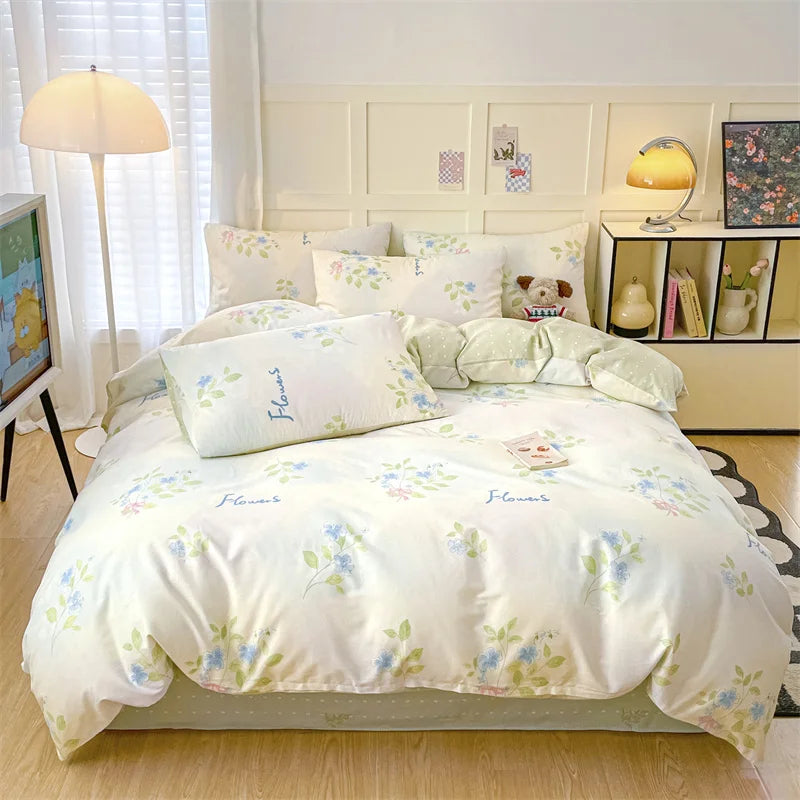 Heart Pattern 100% Cotton Duvet Cover Set with Flat Sheet or Fitted Sheet 3/4 Pcs Soft Breathable Queen King Size Bedding Set