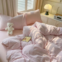 Ins Pink Plaid Bedding Set