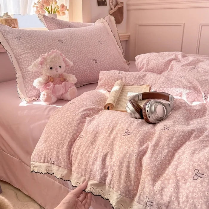 Korean Lace 4pcs Duvet Cover Set with Sheet and Pillowcases Floral Bedding Set