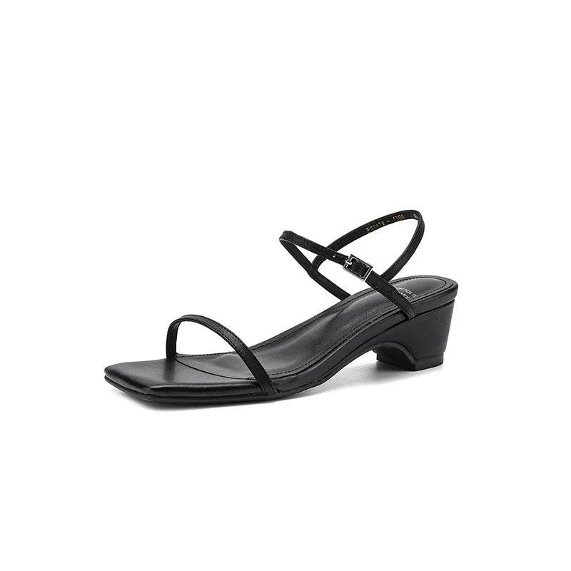 leather cowhide square toe simple elastic buckle middle Heel