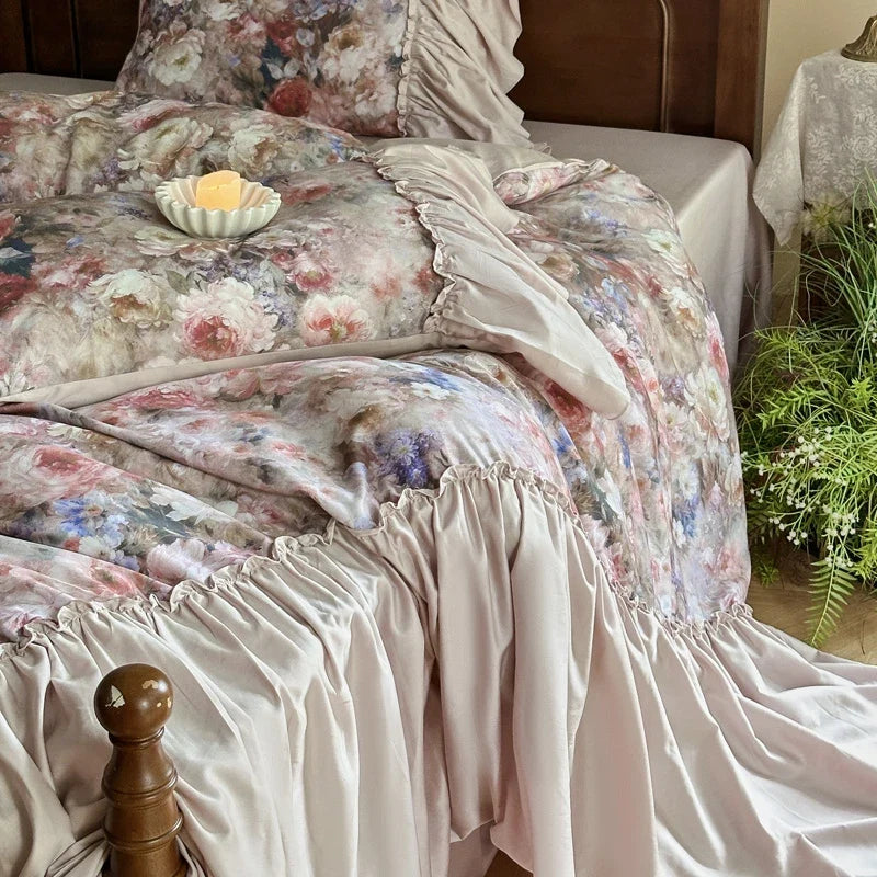 Flowers Print Large Ruffles Princess Bedding Set