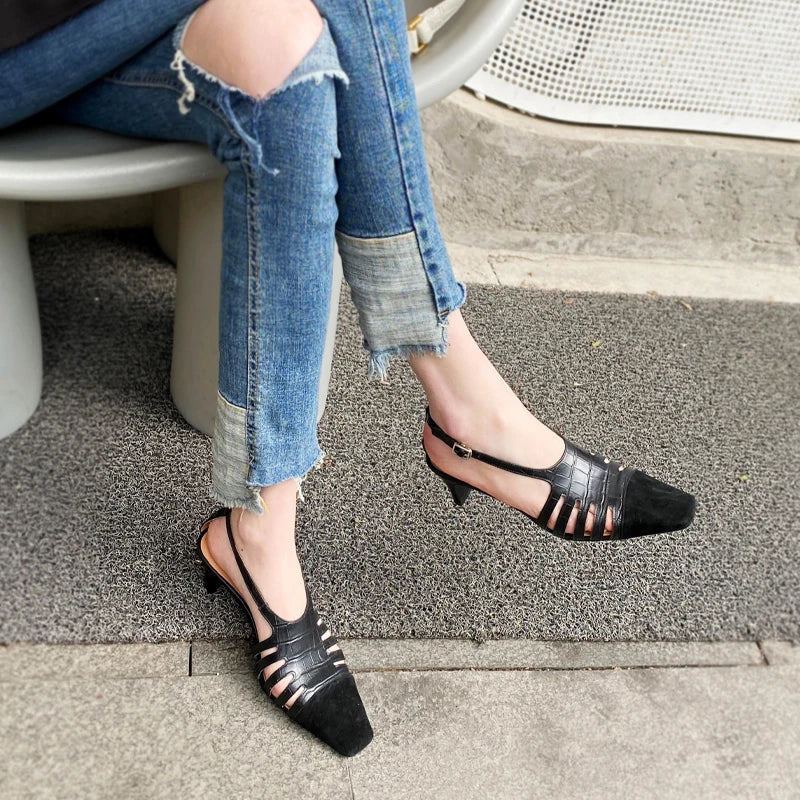 cowhide French square toe hollow breathable high-heeled toe closure sandals