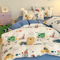Cute Car Duvet Cover Set No Filler Kids Flat Sheet Pillowcase Ins Twin Queen Size Girls Boys Ins Warm Bedding Set