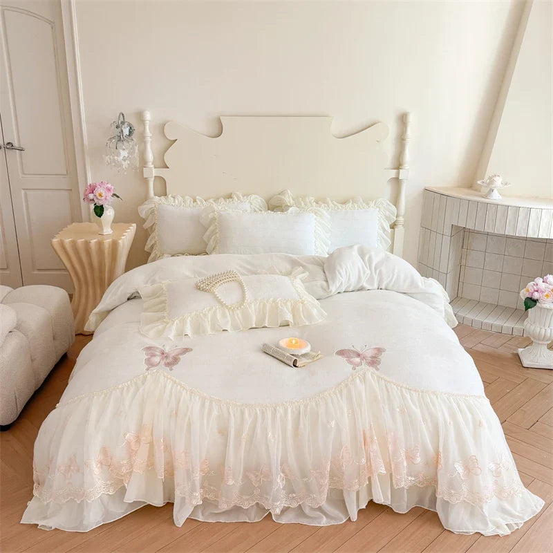 Butterfly Embroidery Lace Ruffles Princess Bedding Set