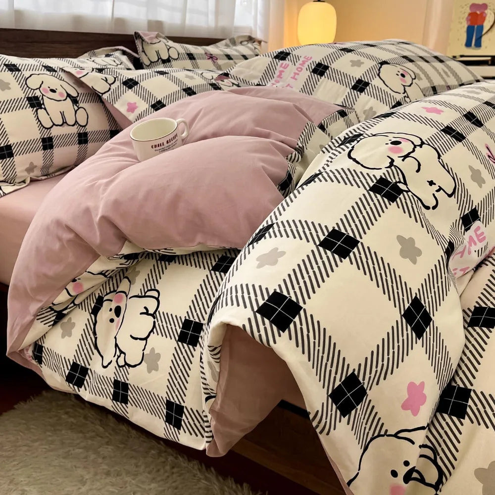 Thickened 4Pcs Bed Set Pure Cotton Long Staple Cotton Soft Bed Sheet Fitted Sheet Duvet Cover