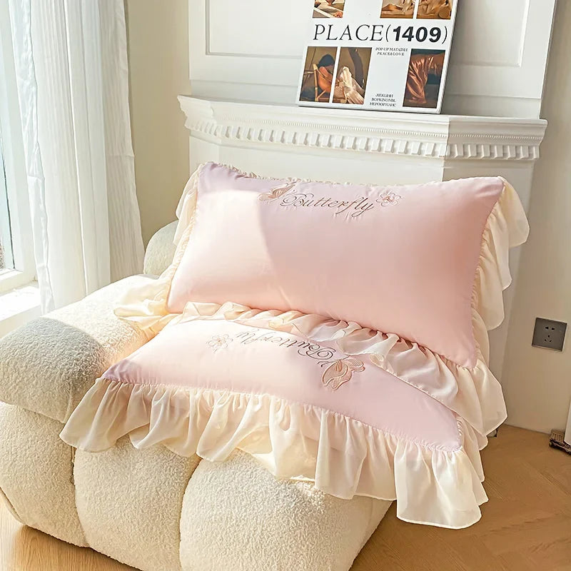 3/4Pcs Korean Princess Style Washed Cotton Three-Dimensional Embroidered Butterfly Queen Size Bedding Set