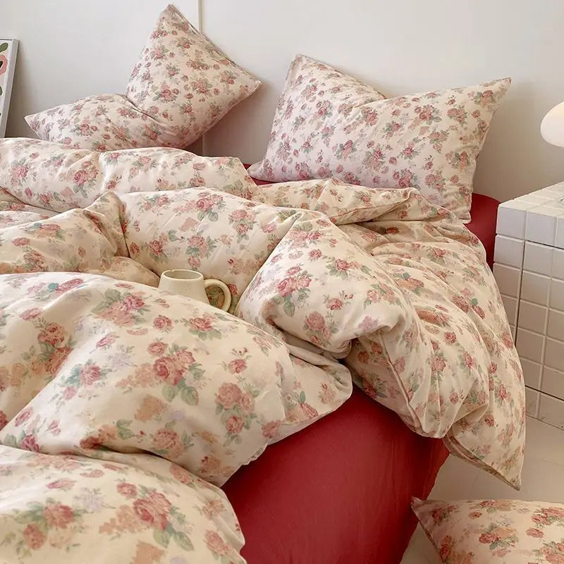 Ins Style Duvet Cover Set with Flat Sheet Pillowcases Cute Orange Cherry Crow Printed Single Double Queen Size Girls Bedding Kit