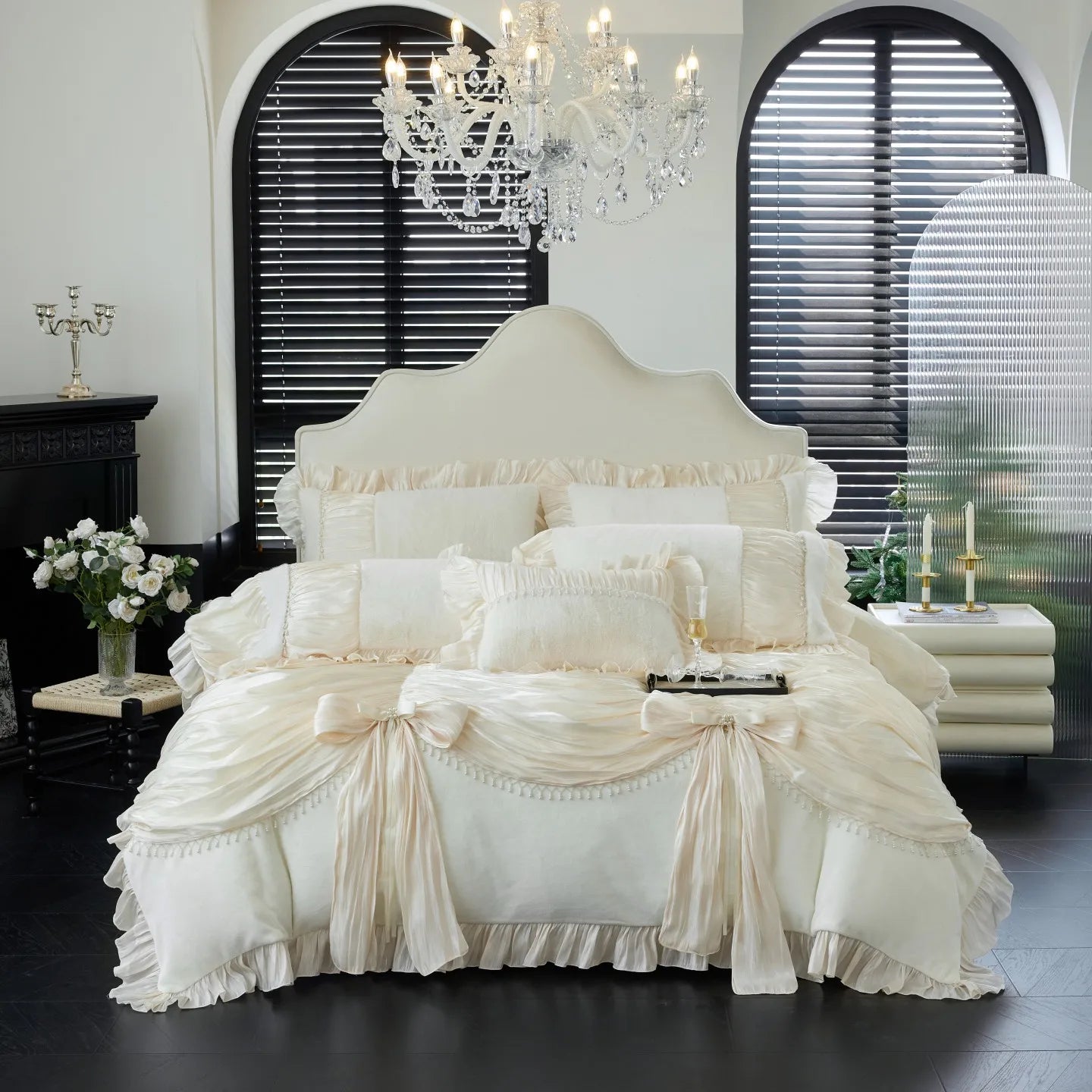 Vintage French Palace Style Pleated Lace Ruffles Bow Velvet Warm Bedding Set