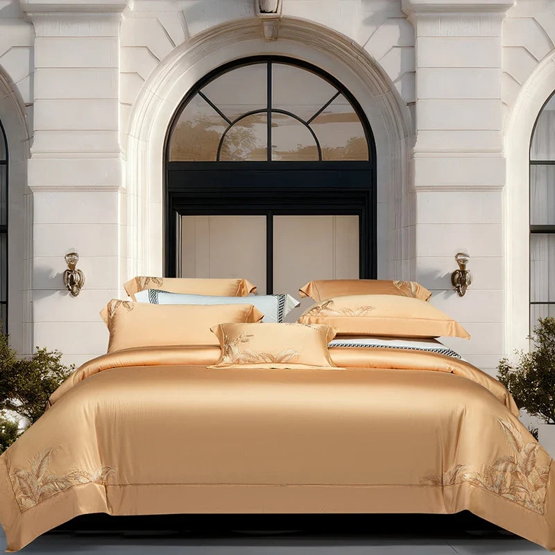 Champagne Luxury Leaf Embroidery Bedding Set