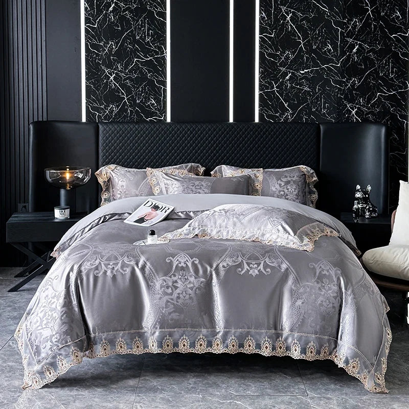 Luxury Euro Gold Satin Jacquard Lace Bedding Set