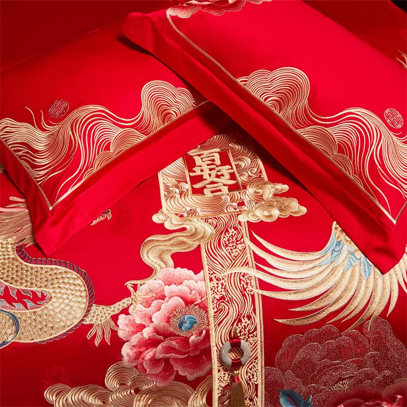 Luxury Chinese Style Wedding Flower Dragon Phoenix Embroidery Bedding Set